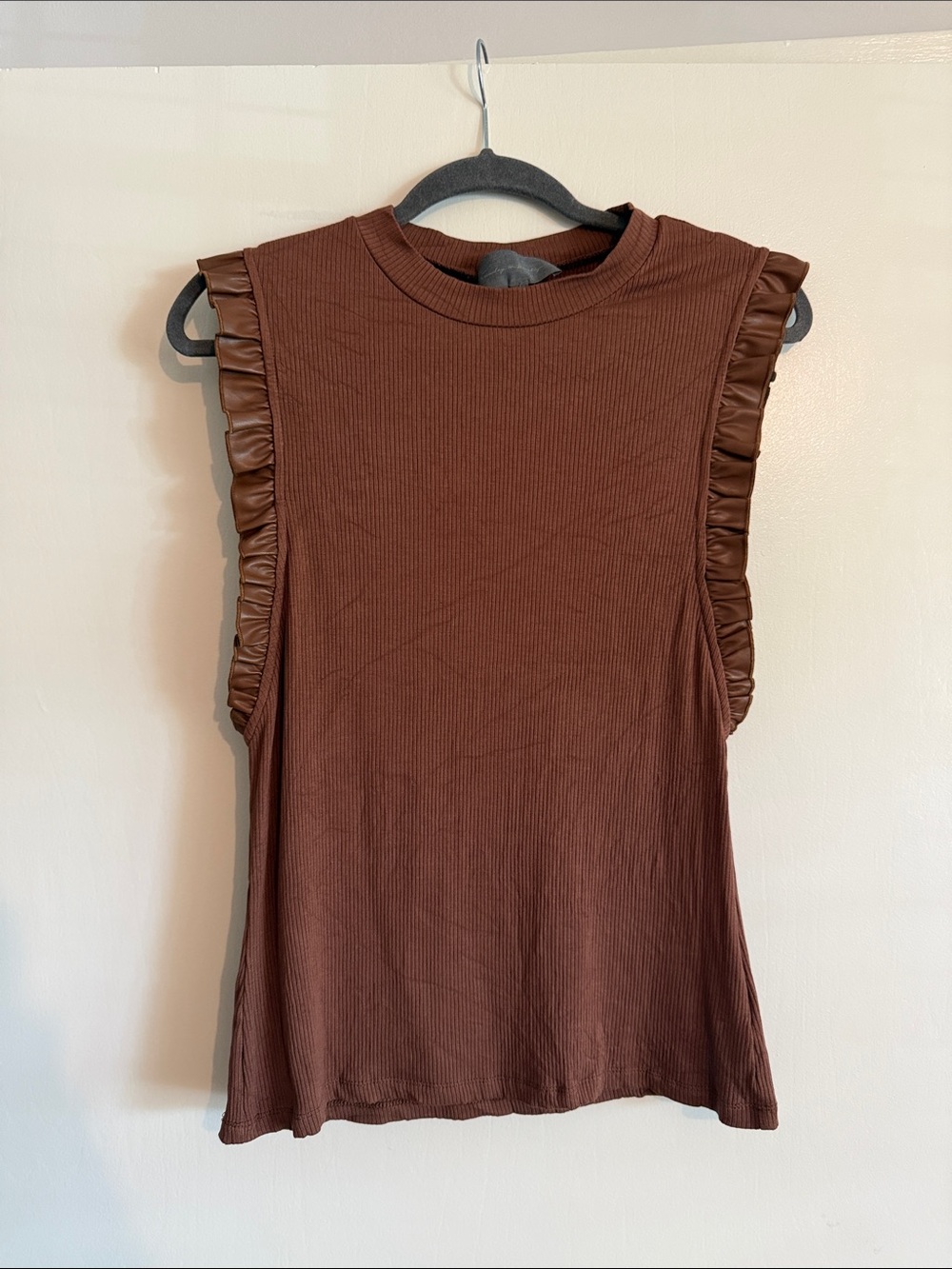 Sunday in Brooklyn Brown Ribbed Tank with Ruffle Trim